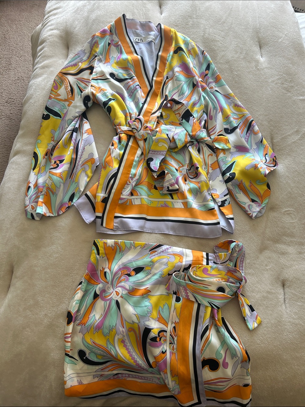 Zara Yellow Multi-Color Swirl Print Kimono Skort Set